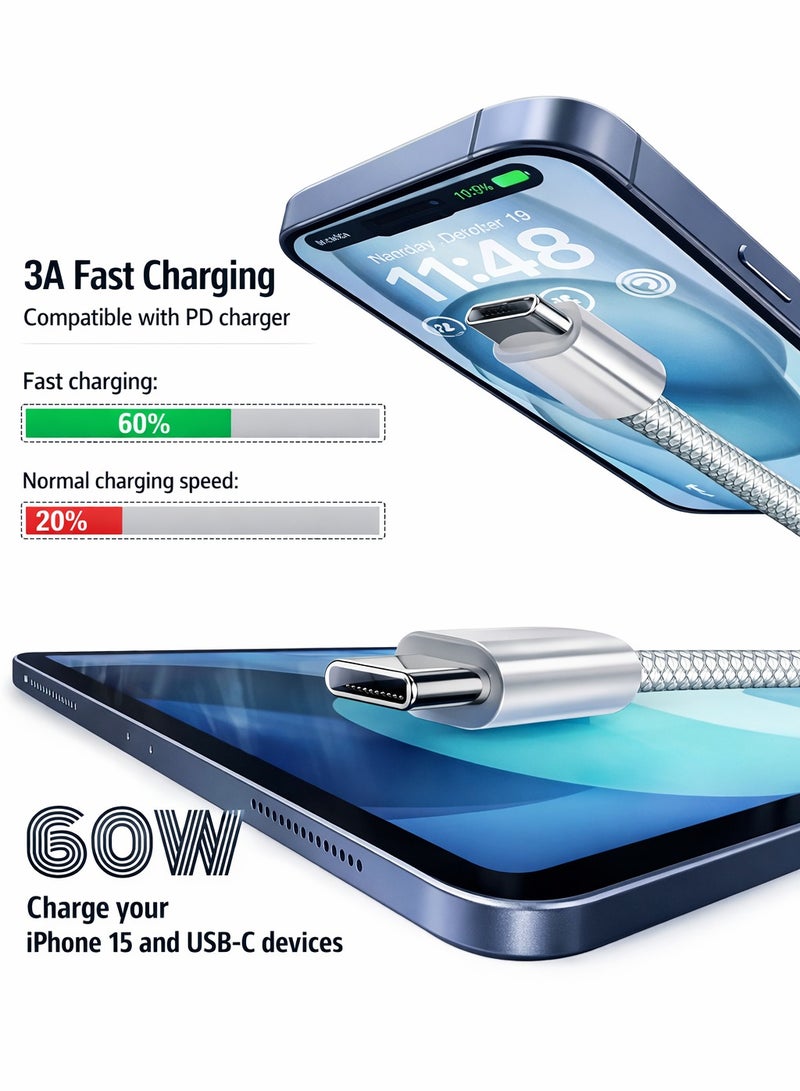 ايه كيه تي ستار كابل شحن سريع من نوع USB-C إلى USB-C بقوة 60 واط، مصنوع من النايلون المضفر، لنقل البيانات من النوع C المزدوج، USB-C 2.0، موصلات معززة، كابل شحن بطول متر واحد متوافق مع سلسلة iPhone 16/15، وSamsung Galaxy، وiPad/MacBook (متر واحد). - Image 2